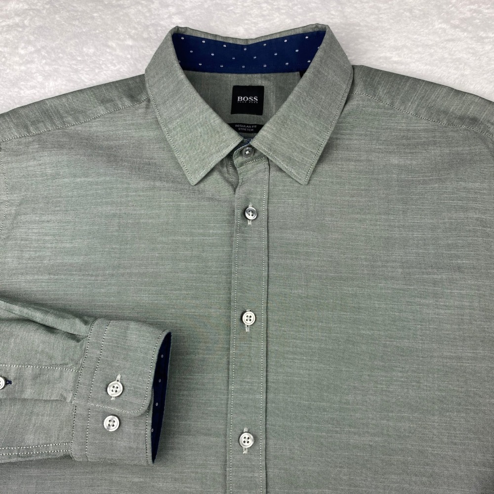 BOSS Hugo Boss Mens XL Regular Fit Stretch Shirt Fog Green Button Down
